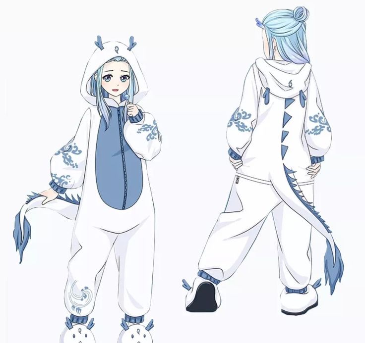 two anime characters dressed in white and blue outfits, one is wearing an animal costume