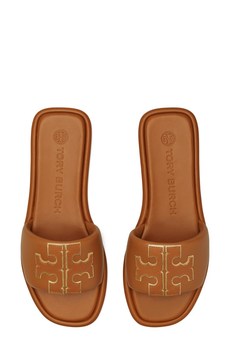 A sleek leather slide accented by Tory's signature double-T logo is ready to upgrade your warm-weather style. Leather upper and lining/rubber sole Imported Linen Joggers, Miller Sandal, Tory Burch Sandals, Navy Linen, Footwear Design Women, Designer Sandals, Leather Slides, Tory Burch Shoes, Cute Shoes