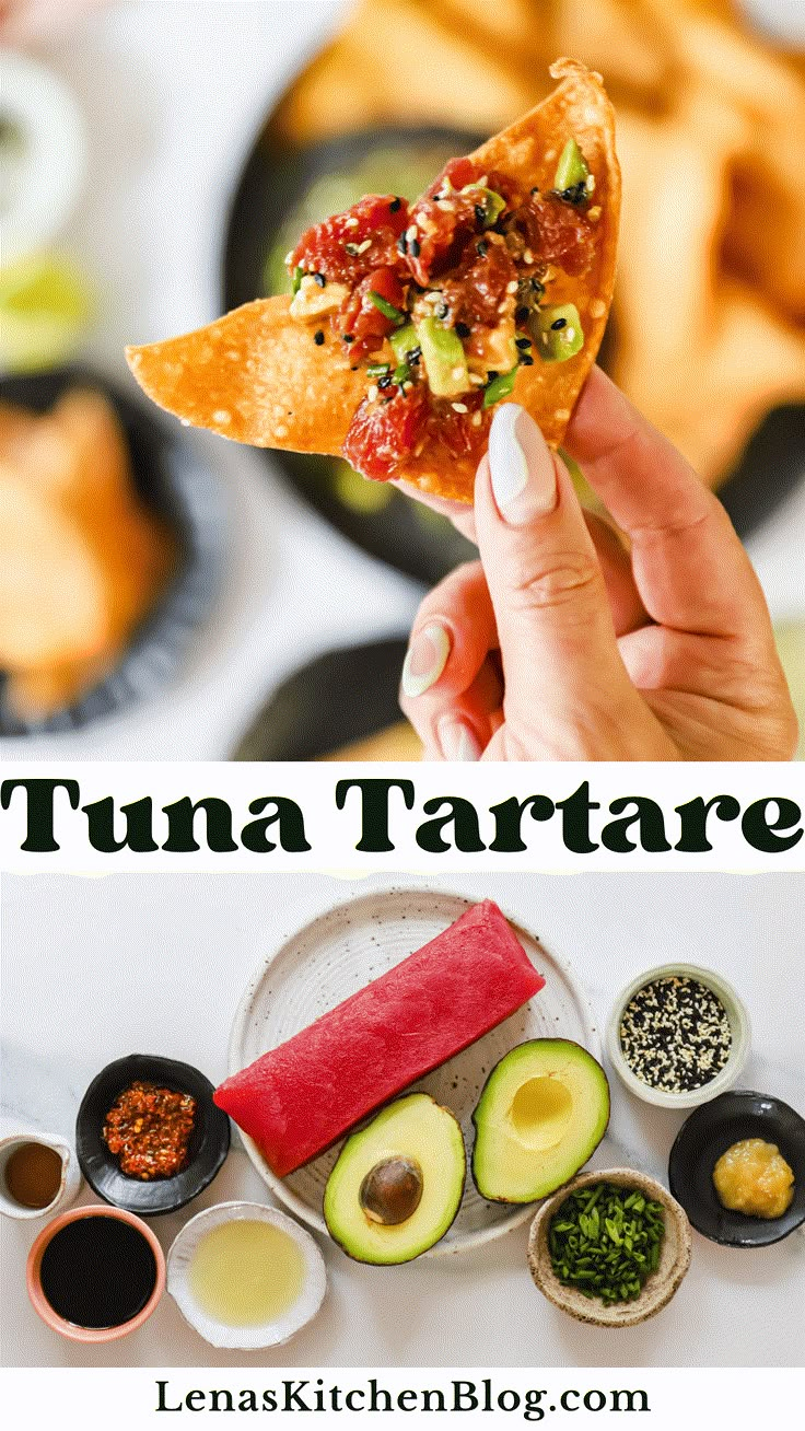 a person holding up a piece of food with the words tuna tartare on it