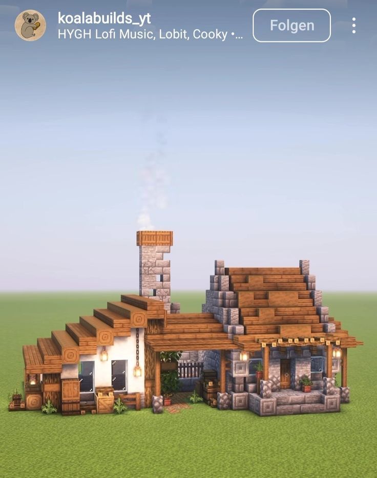 an image of a house made out of wood and bricks in the middle of a field