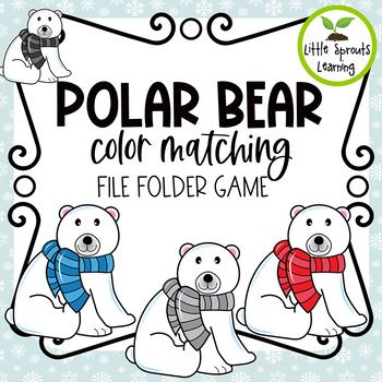 polar bear color matching game with four bears wearing scarves and scarfs, in front of snowflakes