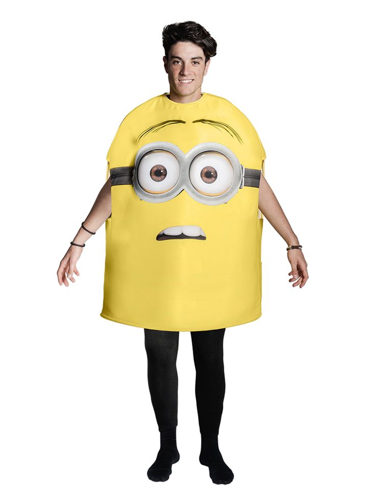 a man dressed as a minion with big eyes