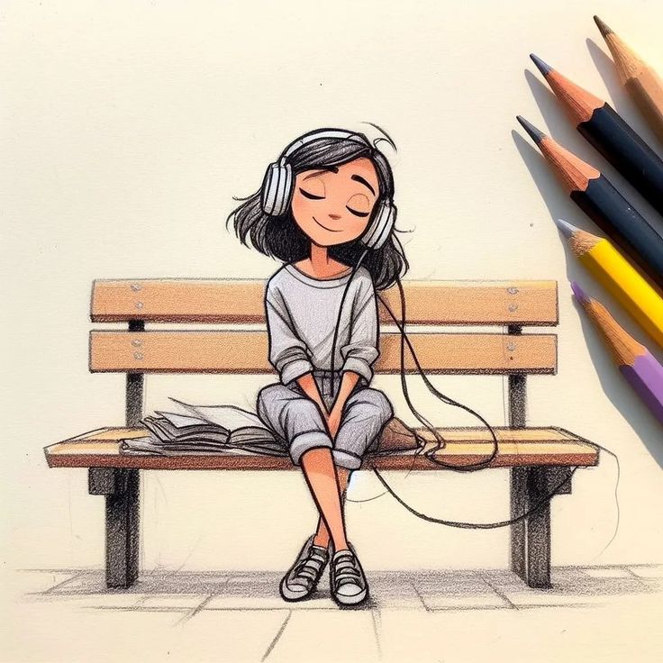 Person Wearing Headphones Drawing, Listening To Music Sketch, Girl Listening To Music Drawing, Girl With Headphones Art, Listening To Music Illustration, Listening To Music Drawing, Face Pencil Drawing, Singing Drawing, Christopher Hart