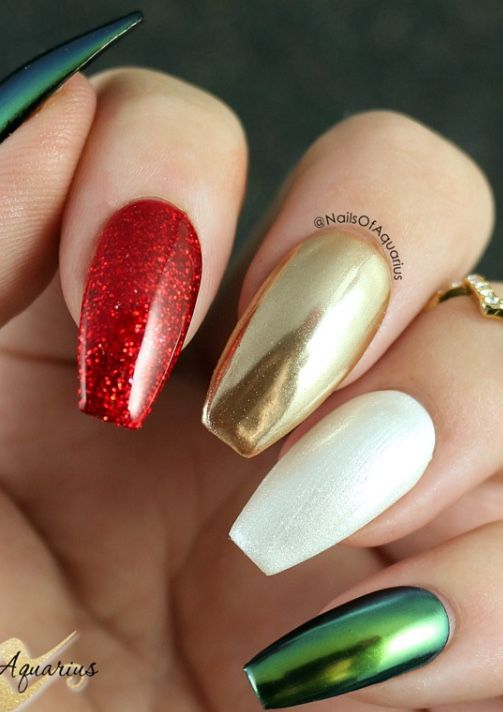 # Nails Red Gold Green Nails, Red Green Gold Nails, Red And Green Chrome Nails, Nerdy Nails, Sparkly Christmas Nails, Nail Art Christmas, Fingernails Painted, Sparkly Christmas, Holiday Nails Christmas