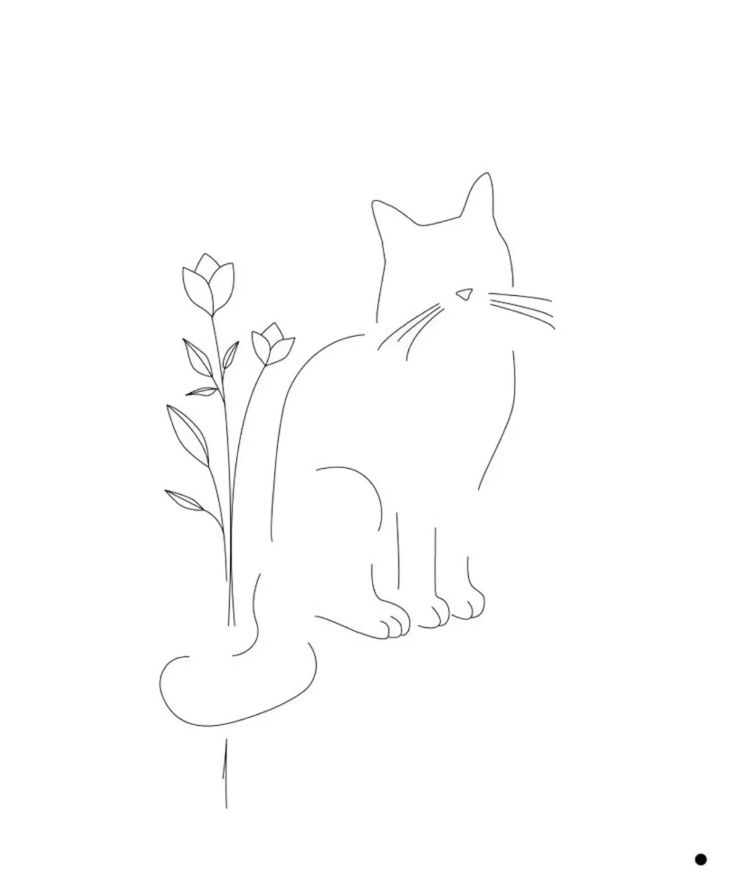 a drawing of a cat sitting next to a flower