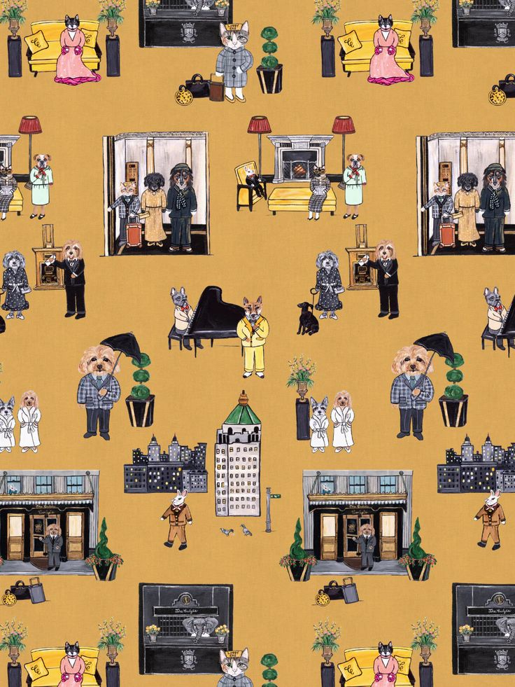 an image of people in the living room with cats and dogs on yellow wallpaper