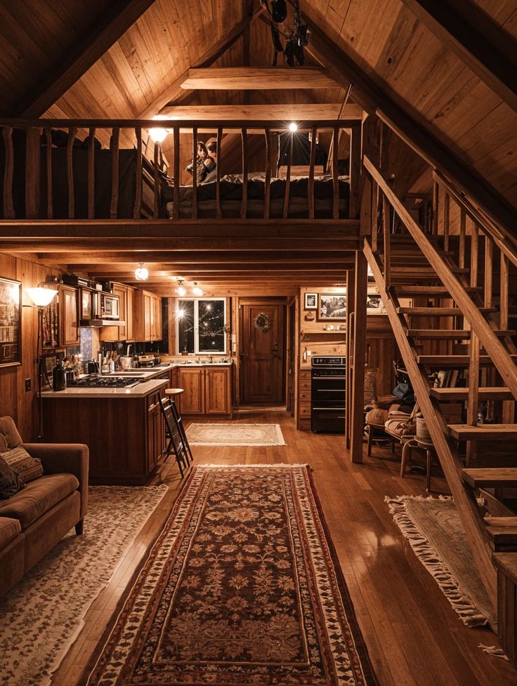 Cozy Cabin Loft 🪵🛋️ Small Cabin Loft Bedroom, Aesthetic Cabin House, Aesthetic Cabin Interiors, Large Cabin Interiors, Cozy Cabin Vibes, Cabin In The Woods Interior, Cozy Cabin House, Mini Cabin Ideas, Old Cabin Interior