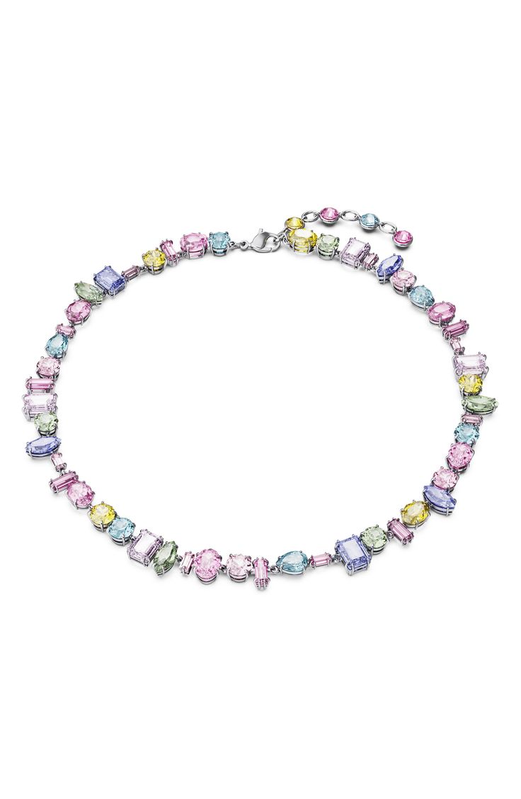 A myriad of crystals in vibrant pastel hues encircles a sparking necklace in signature Swarovski shine. 14 1/2" length; 1 1/2" extender Swarovski crystal/rhodium plate Imported Swarovski Crystals Necklace, Swarovski Necklace Crystal, Girly Accessories Jewellery, Jewelry Mood Board, Pastel Accessories, Crystal Jewelry Necklaces, Bvlgari Jewelry, Expensive Jewelry Luxury, Pearl Jewels