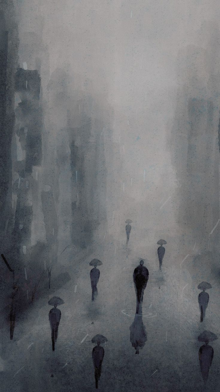 people walking in the rain with umbrellas on a city street during a foggy day