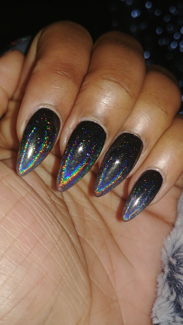 Black Iridescent Nail Designs, Black Chrome Nails With Glitter, Black Nails With Holographic Glitter, Black Rainbow Chrome Nails, Dark Holographic Nails, Black Reflective Nails, Black With Chrome Nails, Black And Holographic Nails, Black Fade Nails