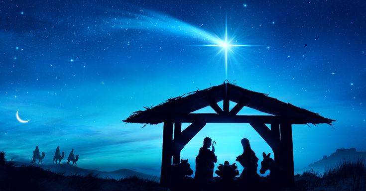 nativity scene with three wise men and baby jesus in the manger surrounded by stars