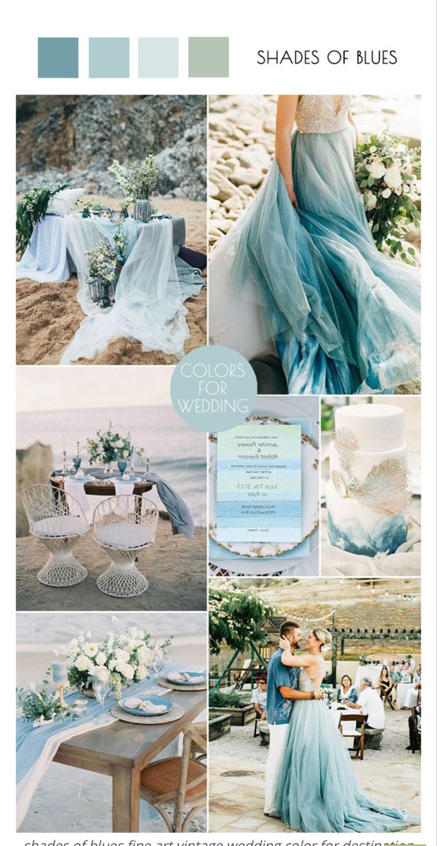 blue and white wedding color palettes for the bride's gown, dress, and bouquet