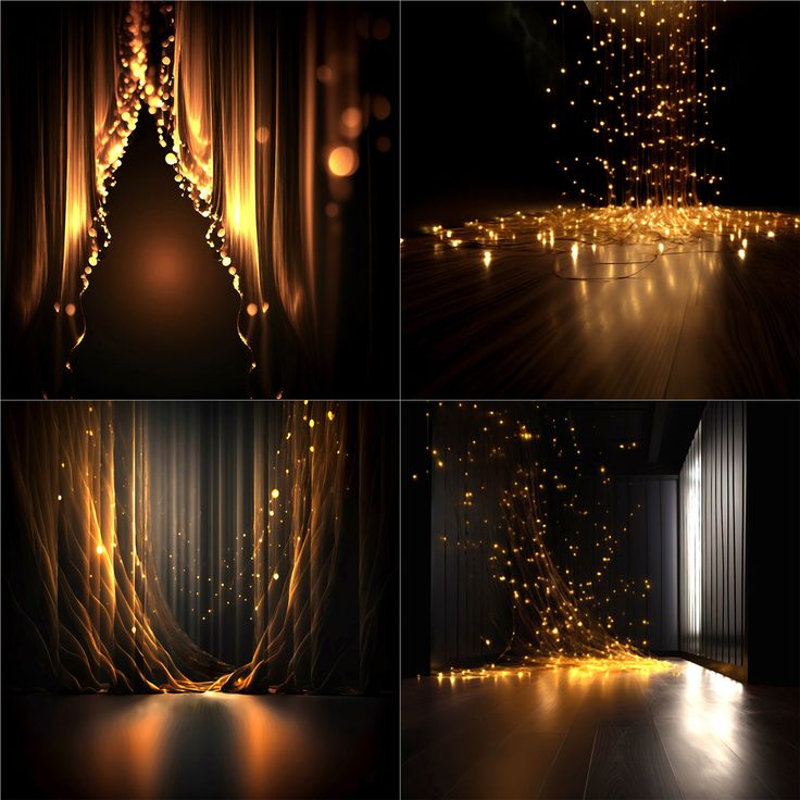 golden lights shine in the dark and light up an empty room with drapes on it