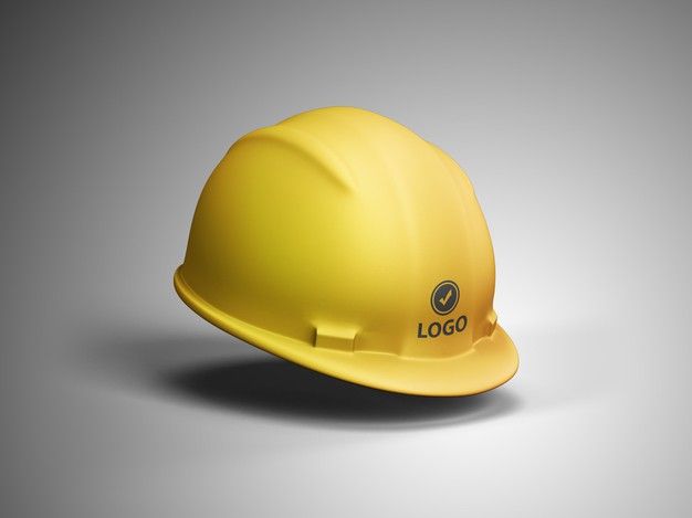 a yellow hard hat with the word logo on it's front and side view