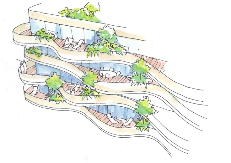 an architectural drawing of a building with trees growing out of it