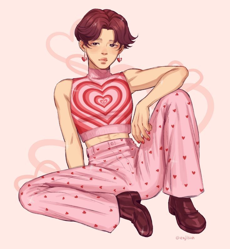 a drawing of a person sitting on the ground wearing pajamas and a heart - shaped top