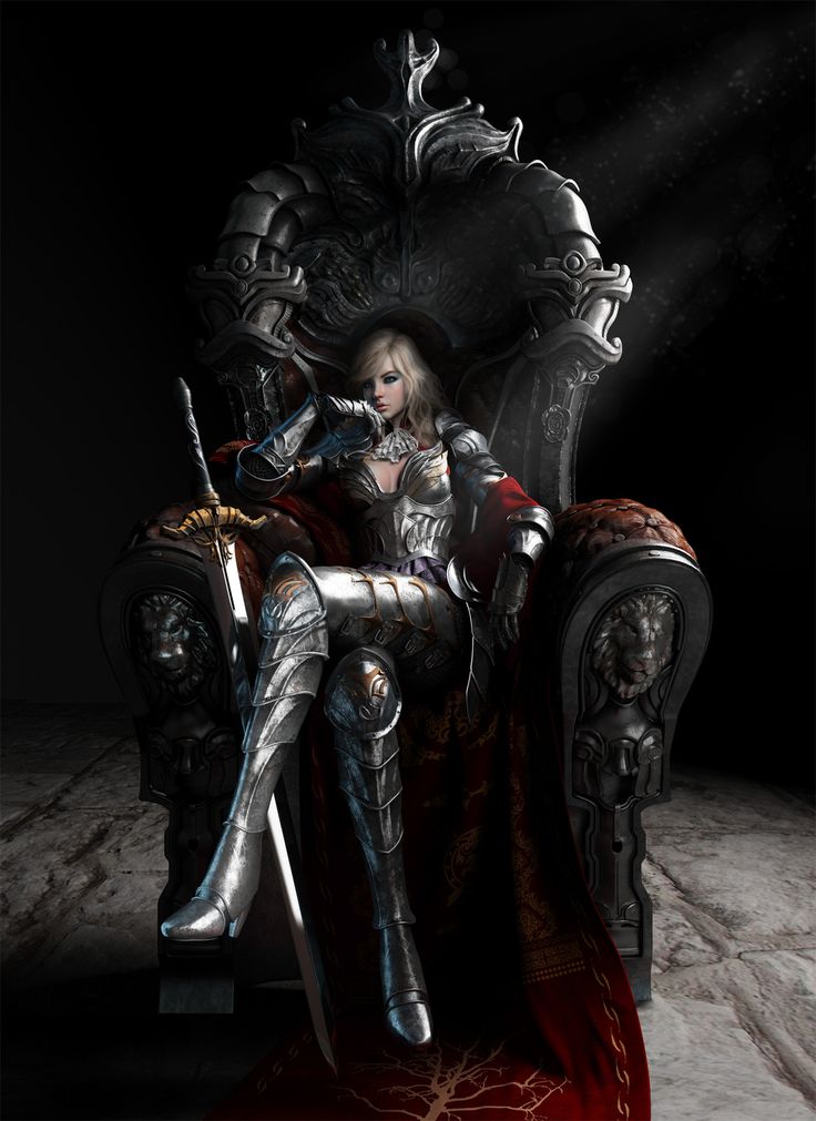 a woman in armor sitting on a throne