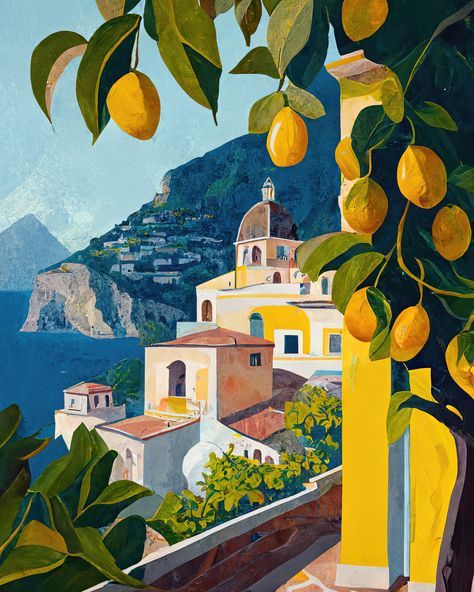 an oil painting of lemons hanging from a tree in front of a building with a view of the ocean