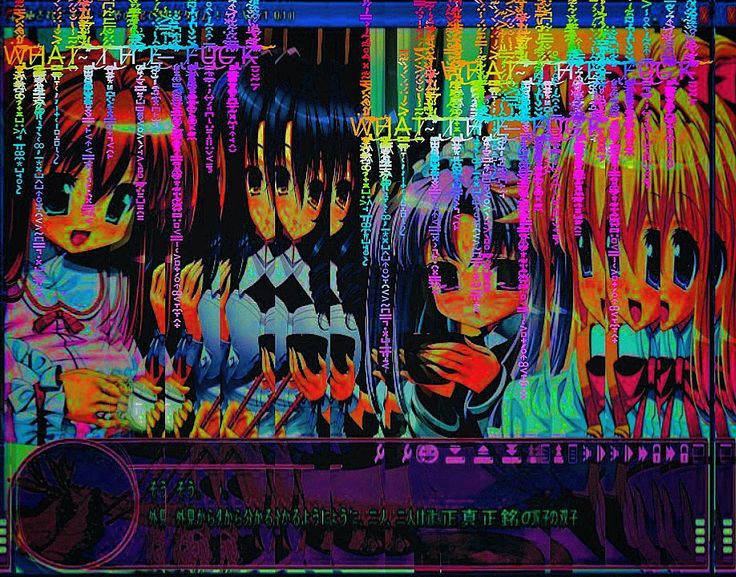 an image of some anime characters on a computer screen with colorful lines in the background