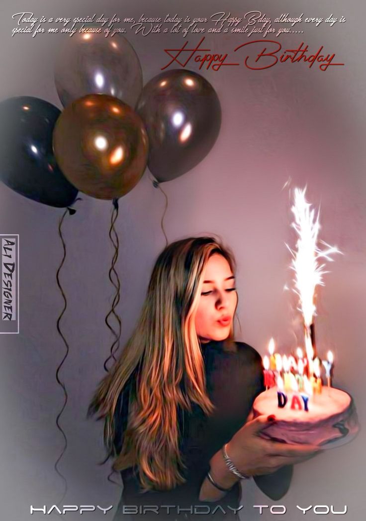 a woman holding a birthday cake with lit candles in front of her and balloons behind her