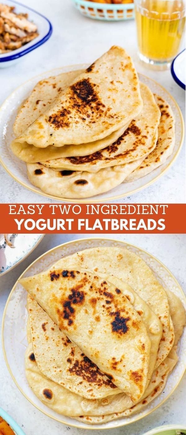 three different types of flatbreads on plates with text overlay that reads easy two ingredient yogurt flatbreads