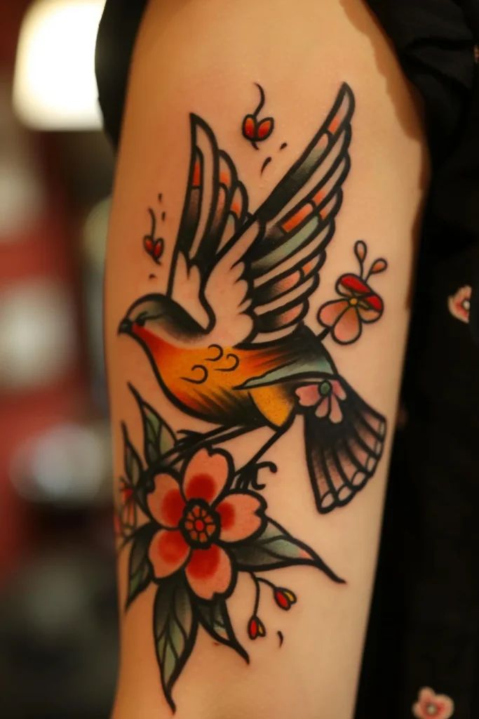 a woman's arm with a bird and flowers tattoo on the left side of her arm