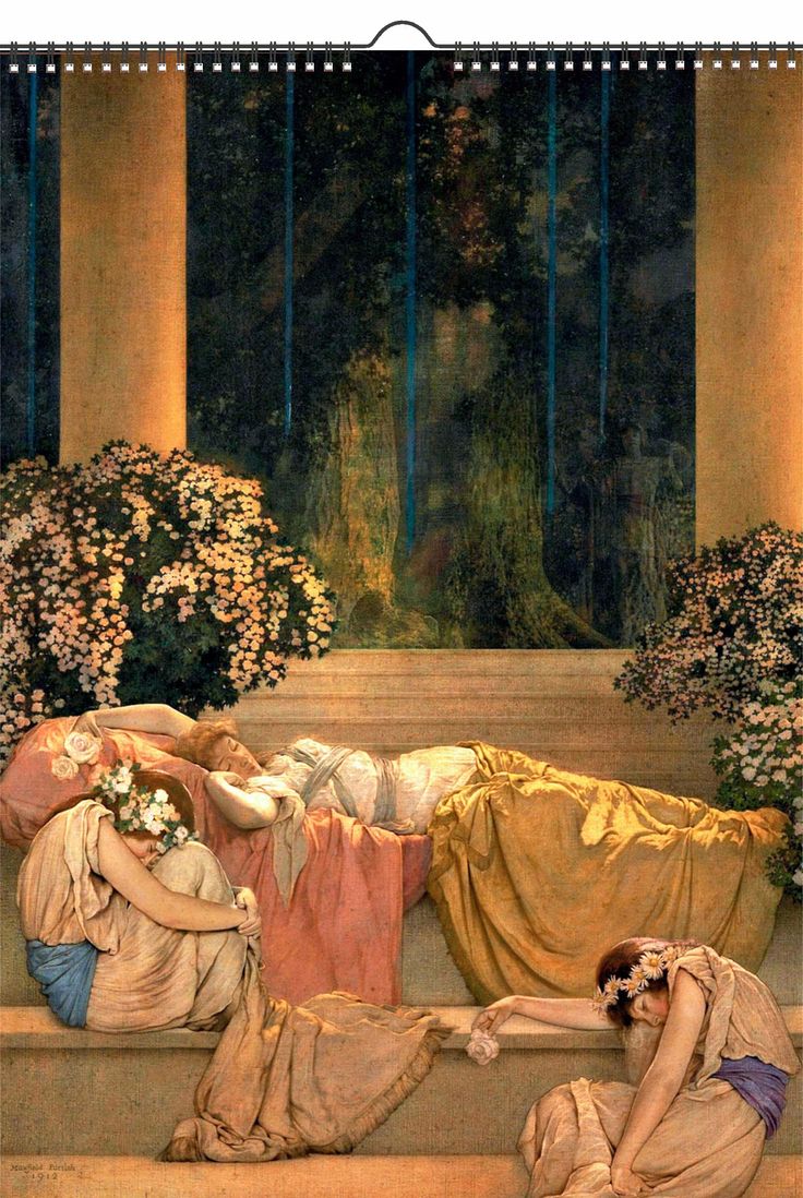 a painting of two women laying on the ground next to each other in front of flowers