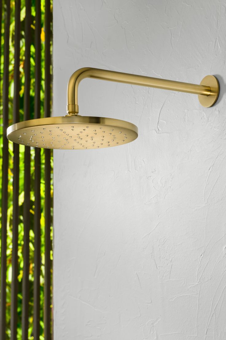 an overhead shower head with thermostaer attached to it and green plants in the background