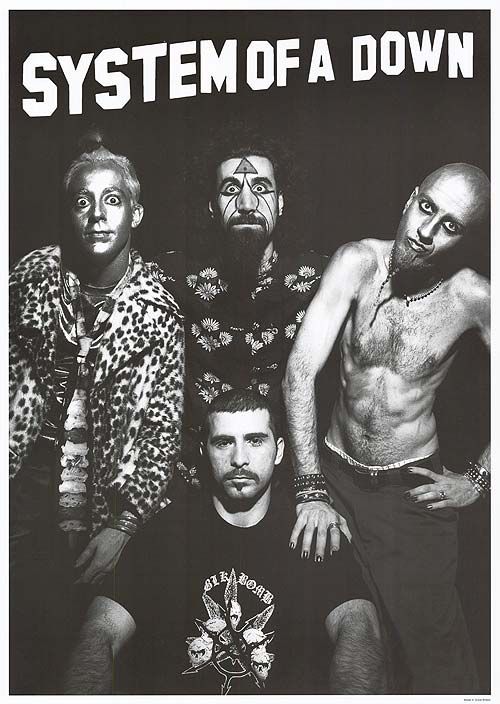 an advertisement for system of a down with three men standing next to each other and the words system of a down on it