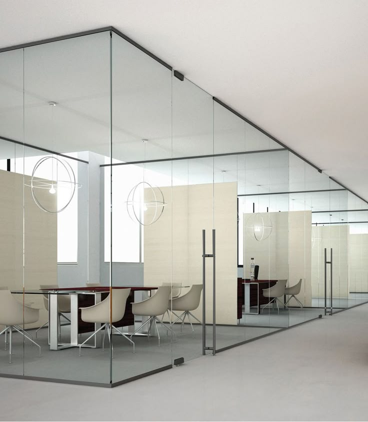 an office with glass walls and yellow bench in the middle, surrounded by white chairs