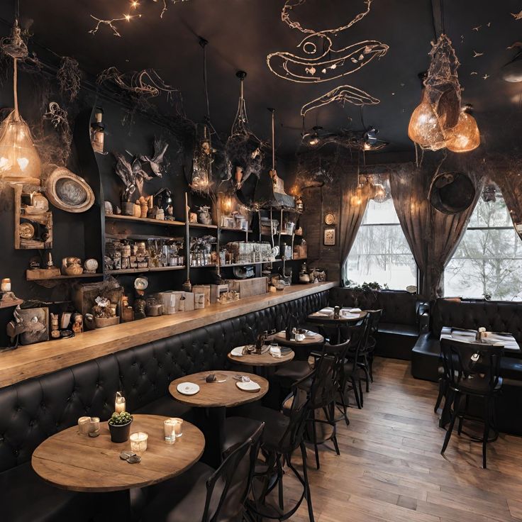 the interior of a restaurant with black walls and wooden tables, leather seats, hanging lights and decorative decorations