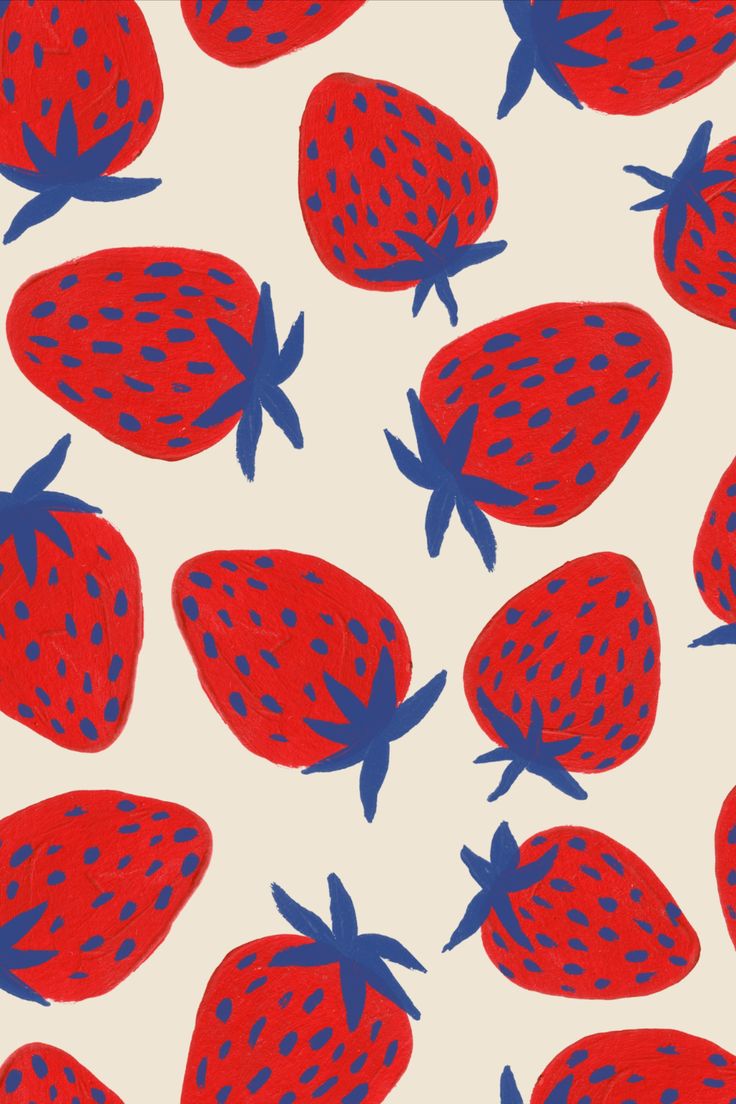 a red and blue strawberry pattern is shown on a white background with dark blue spots