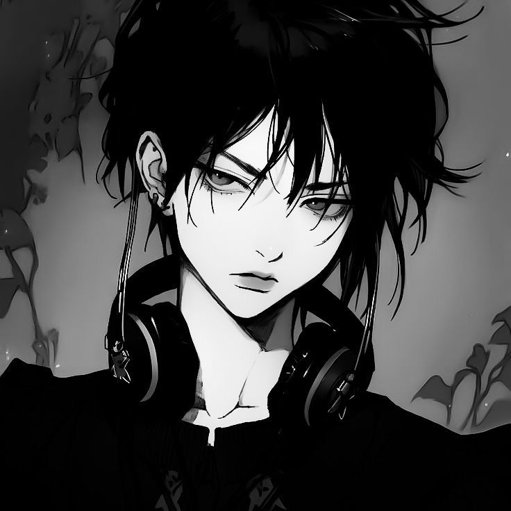 an anime character with headphones on his ears and black hair, staring at the camera