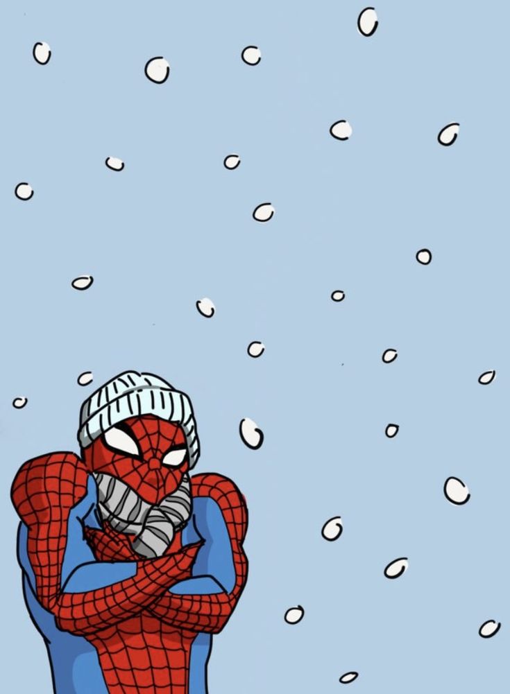 a spider - man is standing in the snow with his arms crossed and eyes closed