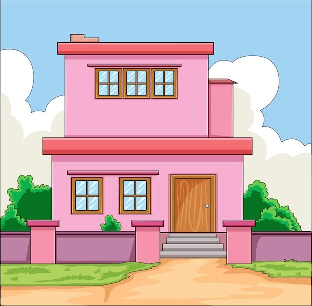 a pink house with steps leading to the front door