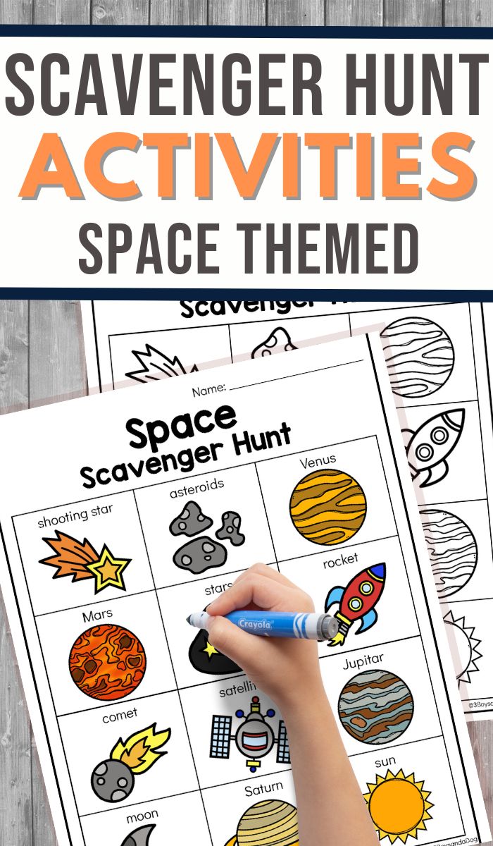 the space themed scavenger hunt is shown with text overlay