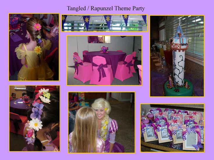 several pictures of barbie party decorations and items for the princess's rappui themed birthday party