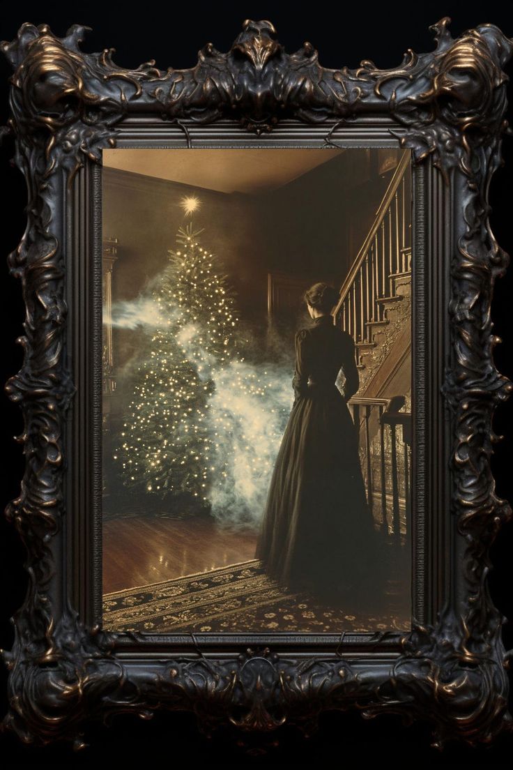 a painting of a woman standing in front of a christmas tree with lights on it