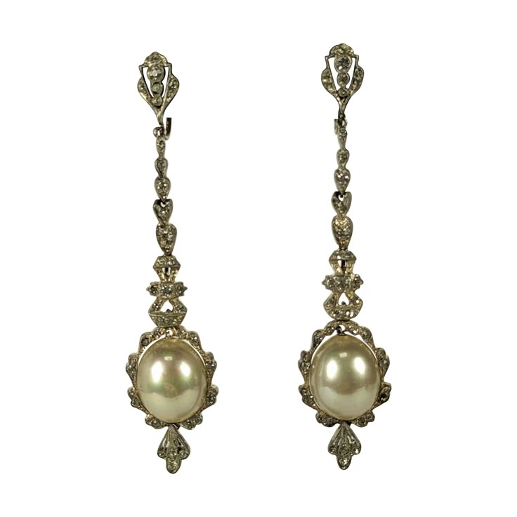 Lovely Delicate Edwardian Paste and Faux Pearl Earrings from the early 1900's. Tiny pastes set in articulated, hinged sterling with 14k white gold screw back fittings and glass pearl. High quality workmanship. USA 1900's. 3" x 5/8". Antique Earrings Vintage Pearls, Vintage Costume Jewellery Earrings, Antique Pearl Earrings, Regency Era Accessories, 1800s Earrings, 1890s Jewelry, 40s Accessories, 1910s Jewelry, 1890s Aesthetic