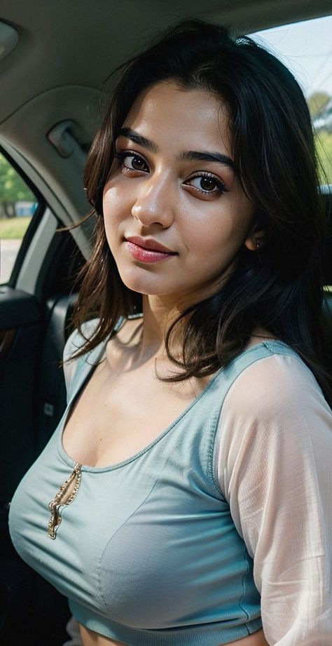 a woman sitting in the back seat of a car with her hands on her hips