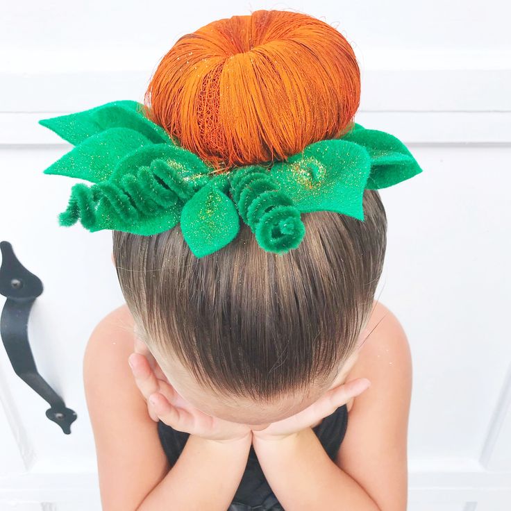 Crazy Hair Day Halloween Theme, Pumpkin Space Buns Hair, October Hairstyles For Kids, Halloween Hair And Makeup For Work, Pumpkin Crazy Hair Day, Crazy Hair Day Pumpkin Bun, Fun Buns Hairstyles For Kids, Pumpkin Bun Hairstyle, Crazy Hair Ideas For School