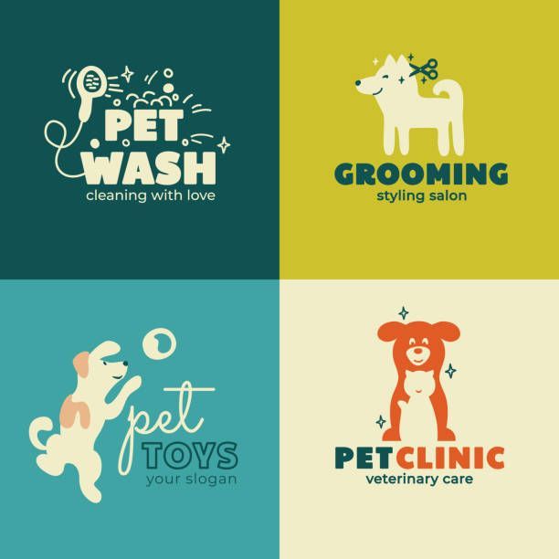 four different logos for pet grooming and grooming salons, including one with a dog