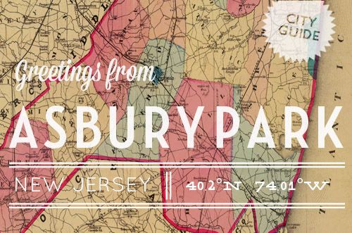 a map with the words, greetings from asbury park in red and pink