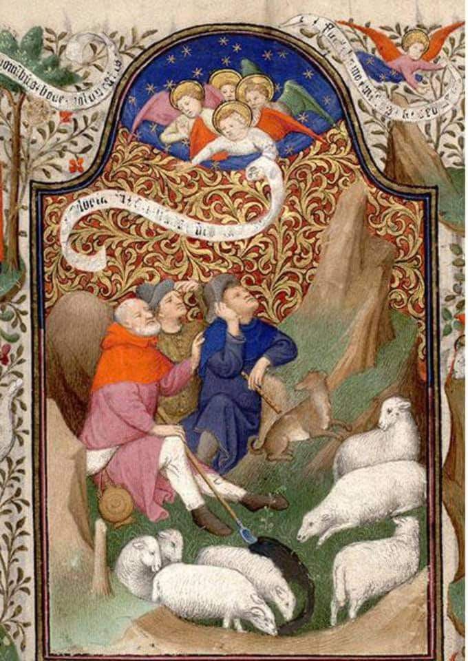 an illuminated manuscript with the story of st luke and his angels surrounded by lambs