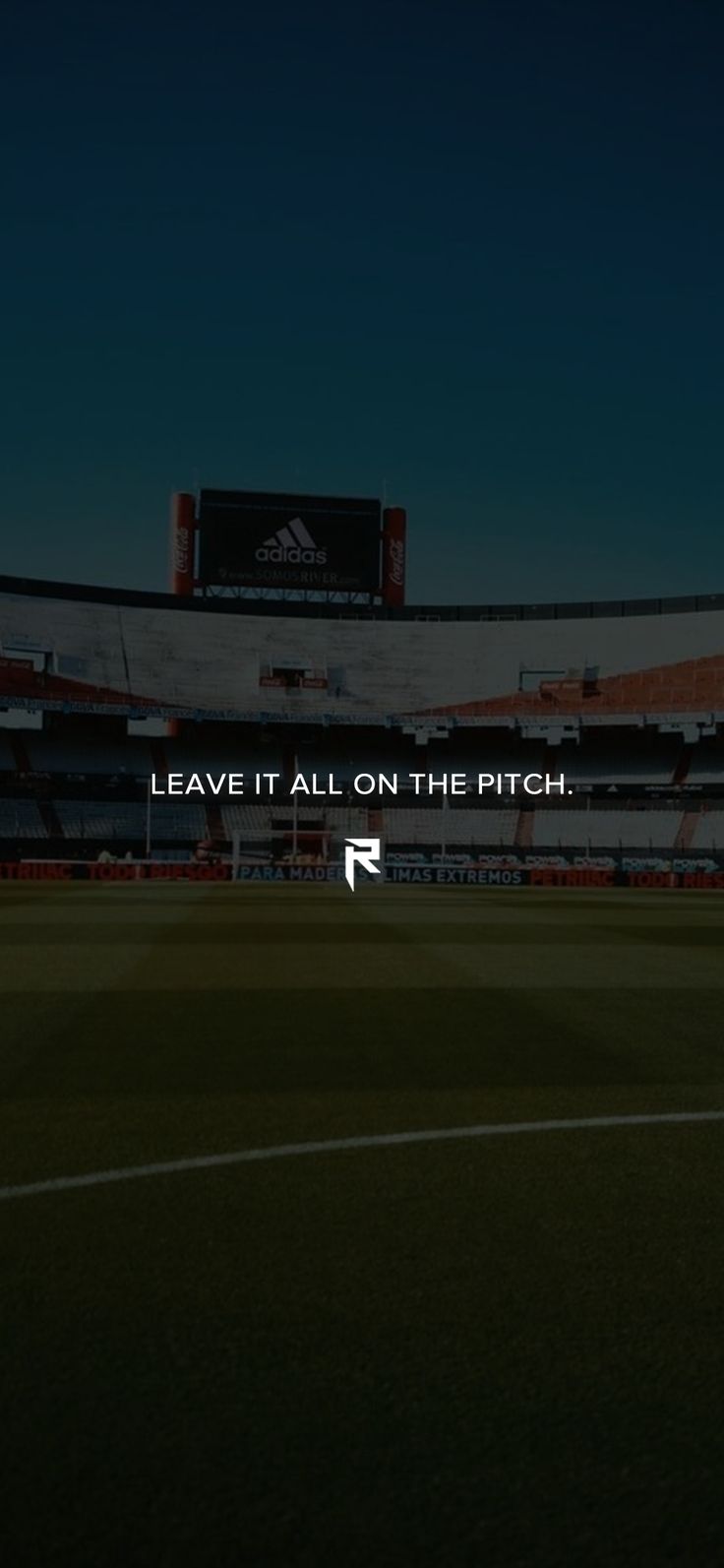 an empty soccer field with the words leave it all on the pitch written in white