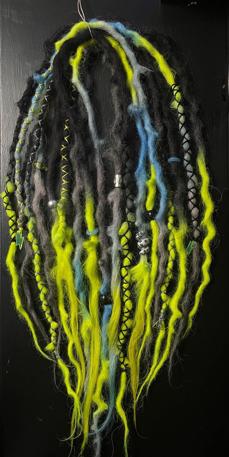 Ready to ship wool accent set.  9DE  wool dreads. Approximately 17 -18 inches long, pencil width, . Decorated with lots of  charms, beads,  and wraps Can be braided in temporarily or added to the ends of real dreads as extensions or I can add clips for easy install/removal. Dread Wraps, Yarn Braids, Wool Dreads, New Cut, Haircut And Color, Cut And Color, Pretty Hairstyles, Hair Care, Braids