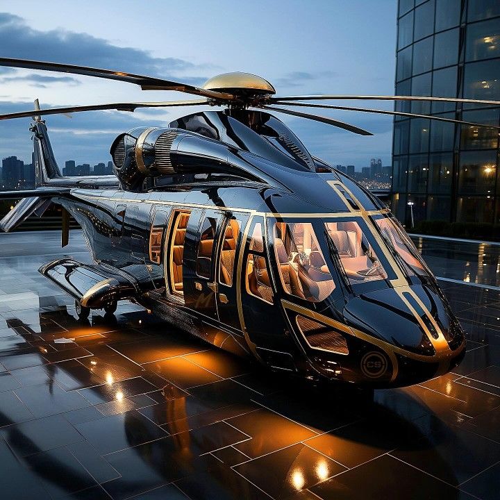 a helicopter is parked on the ground in front of a tall building at night with its lights on