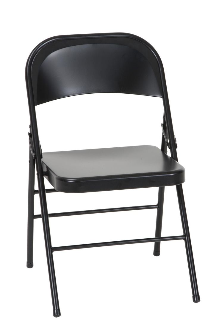 a black plastic folding chair against a white background