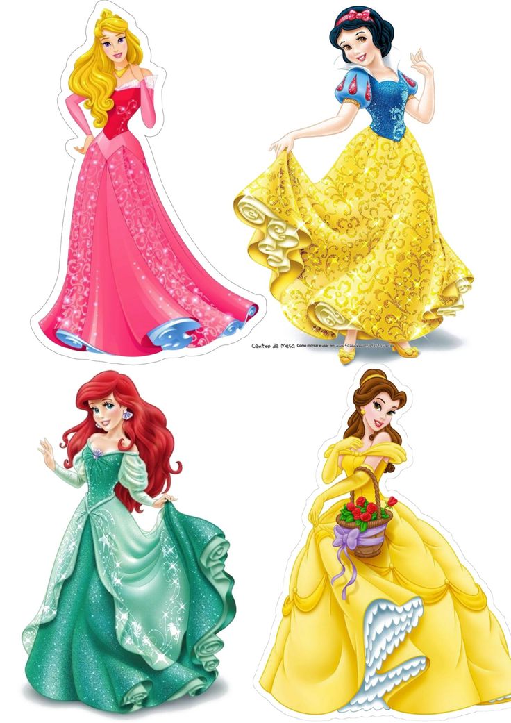 four disney princesses are shown in three different colors and sizes, each with their own dress