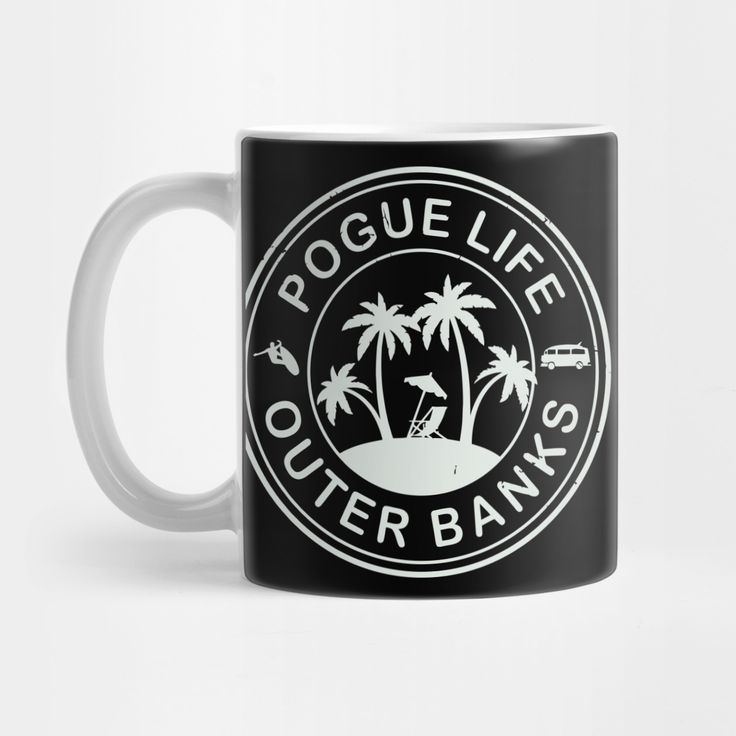 a black and white coffee mug with the pogue life outer banks logo